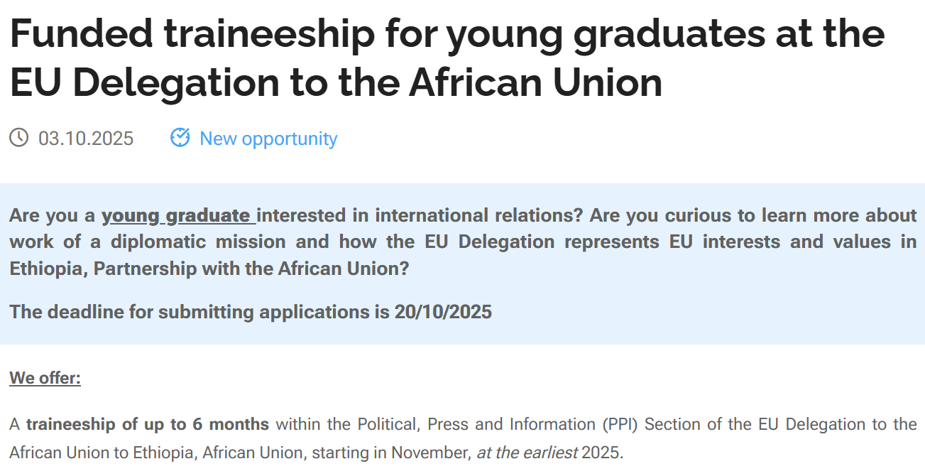 Funded Traineeship for Young Graduates at the EU Delegation to the African Union