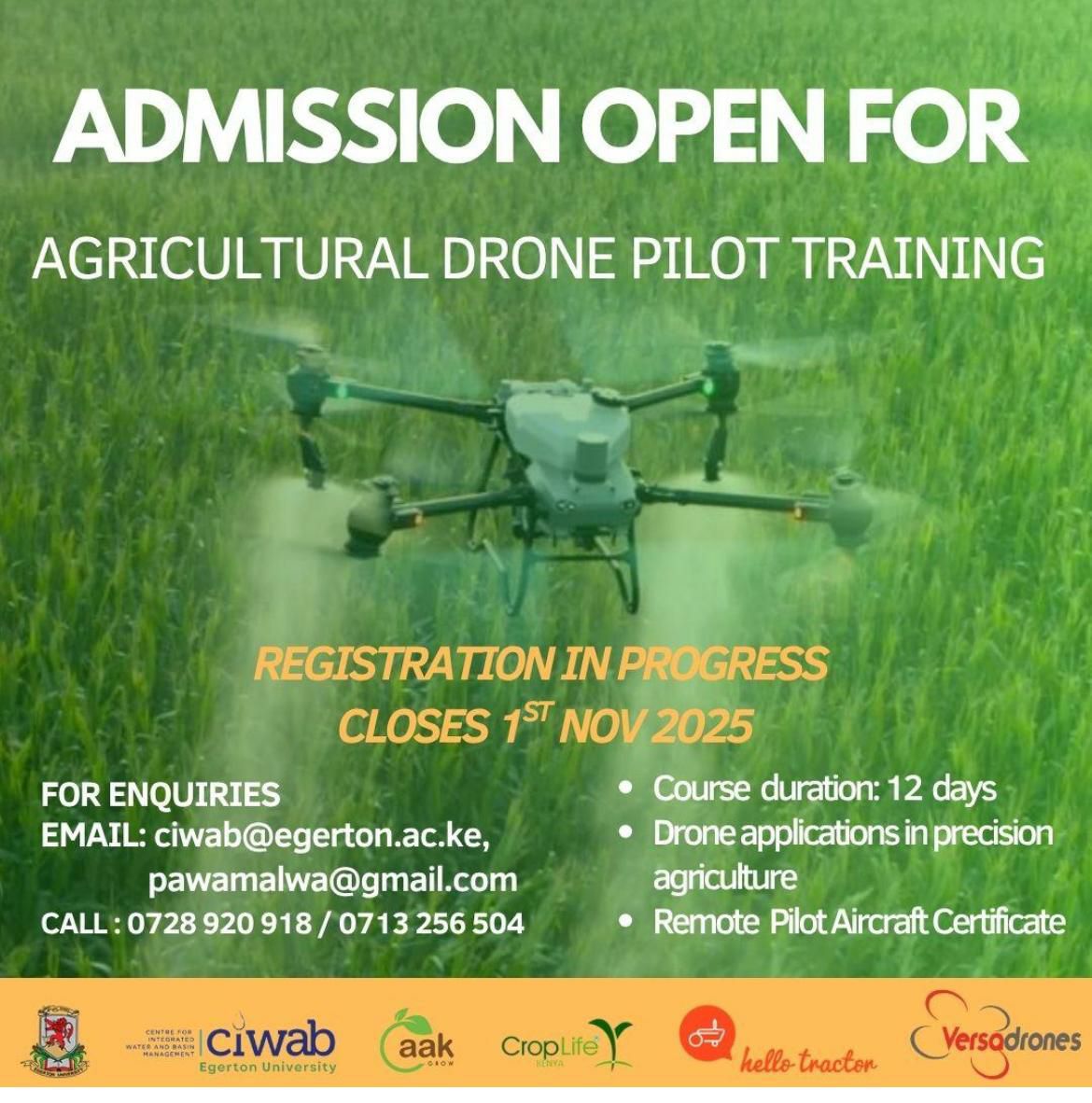 Upcoming Drone Training 2025 at Egerton University; Training Dates: November 10-23, 2025