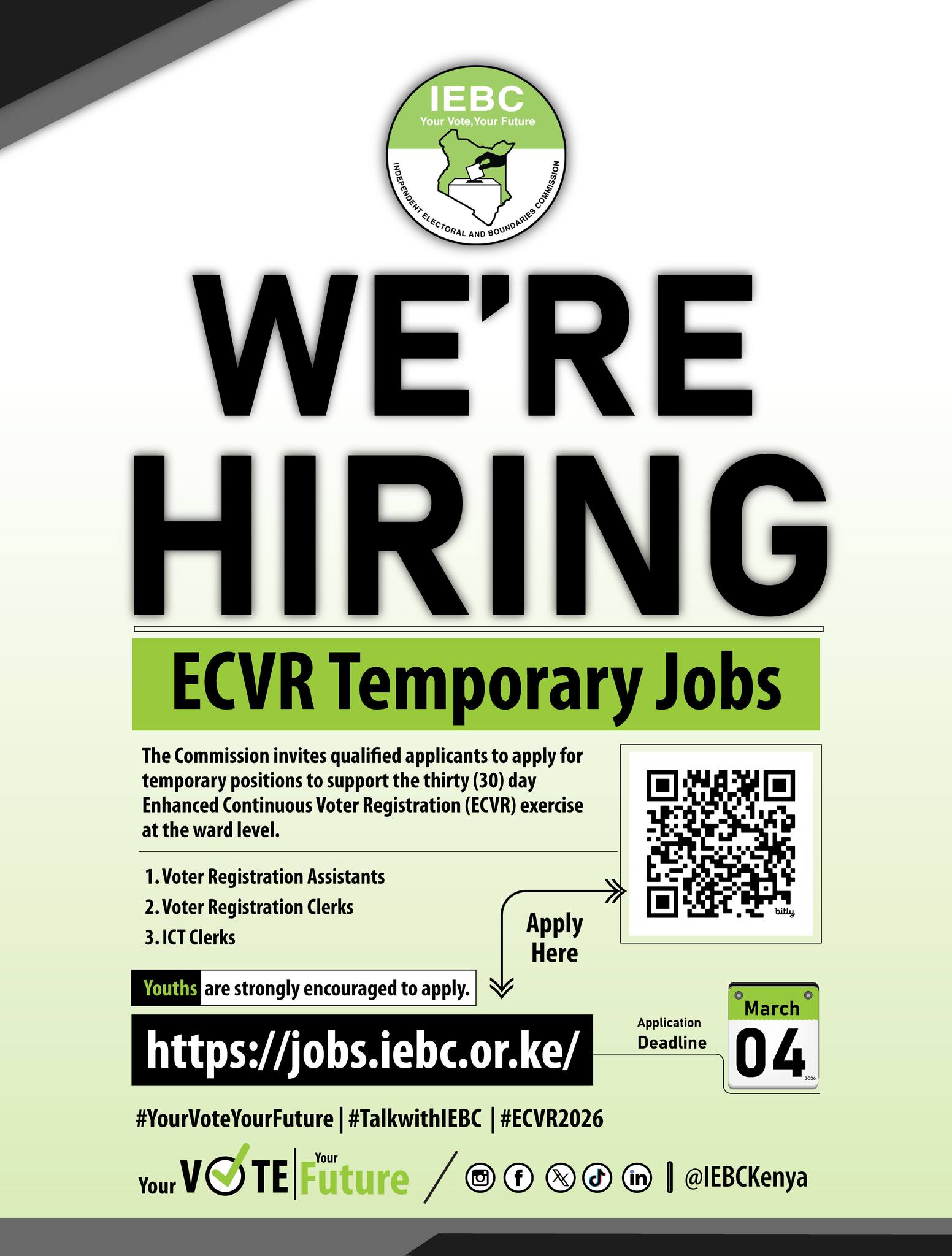 IEBC Announces 12,520 Temporary Jobs for Nationwide Voter Registration