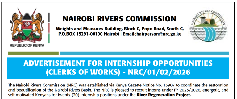 Nairobi Rivers Commission Hiring 20 Clerk of Works Interns (FY 2025/2026)