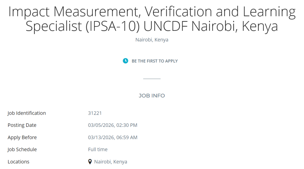 United Nations Capital Development Fund (UNCDF) is Hiring an Impact Measurement, Verification and Learning Specialist (IPSA-10)