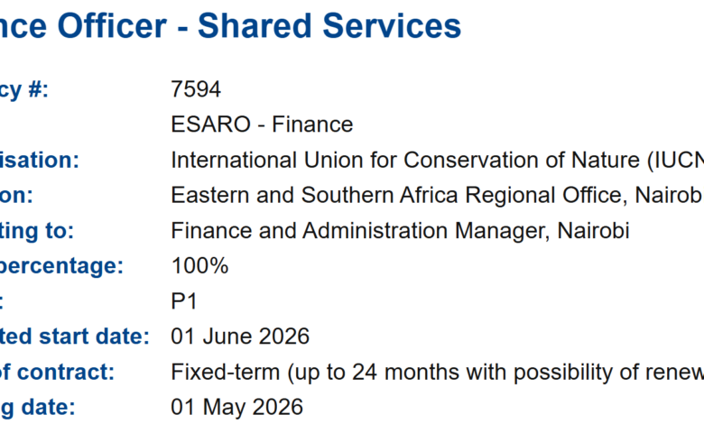 IUCN seeks a Finance Officer - Shared Services in Nairobi. P1 grade, fixed-term 24 months. CPA/ACCA Level II required. 5 years experience. Apply by May 1, 2026.. IUCN Hiring: Finance Officer, Shared Services, Nairobi, Kenya
