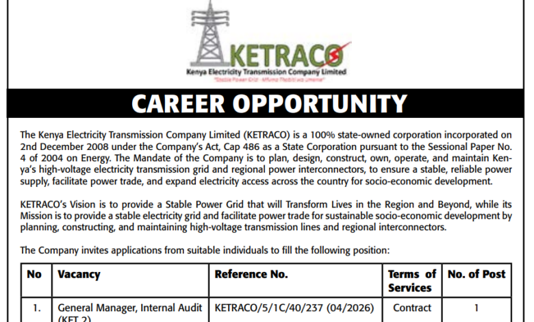 KETRACO General Manager, Internal Audit Job - Application Deadline: April 27, 2026